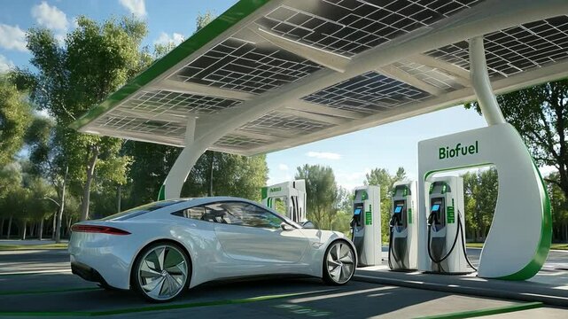 Futuristic electric vehicle charging station with biofuel and solar panels in an eco-friendly environment