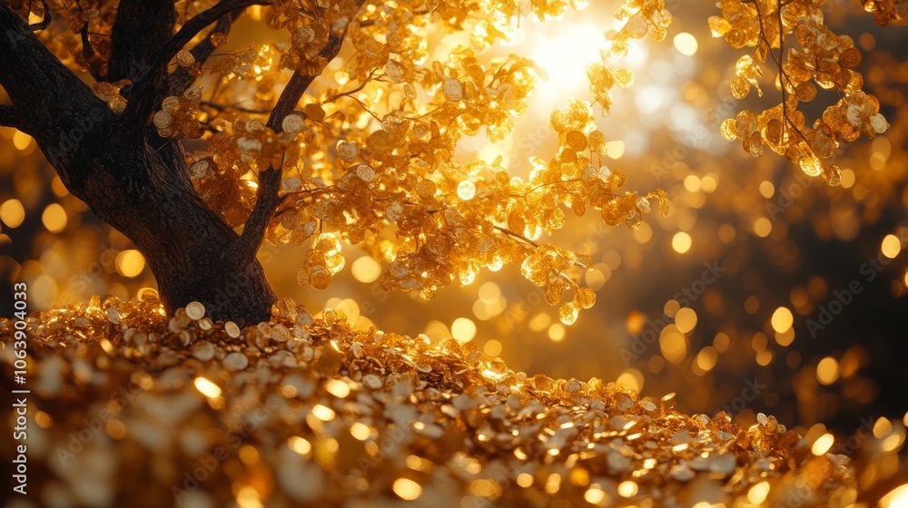 Poster visitors marvel at a mystical golden tree adorned with shimmering coins, casting a warm glow as sunl