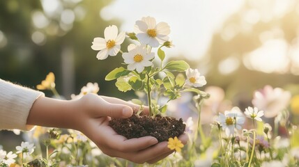 Hands nurturing a small sapling in rich soil with vibrant wildflowers under soft sunlight in a serene environment