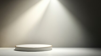 A well-lit, empty stage with a round platform, perfect for presentations, product showcases, or award ceremonies, The minimalist design creates a dramatic focus, enhancing any display or performance,