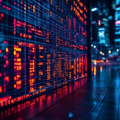 Neon Stock Ticker Display with City Lights at Night