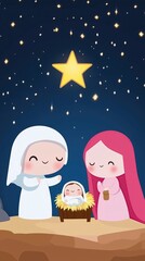 Charming nativity scene with the holy family under a starry night sky