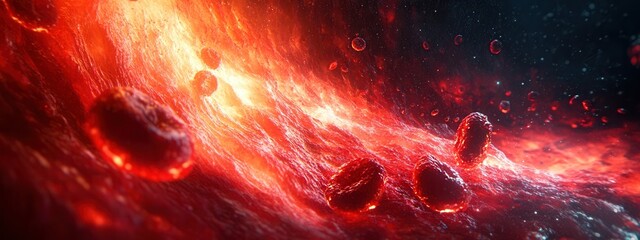 A close-up view of red blood cells flowing smoothly through an artery, showcasing their dynamic movement and deep red coloration