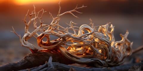 Obraz premium The Intricate Dance of a Driftwood Branch, Illuminated by Golden Sunset Hues
