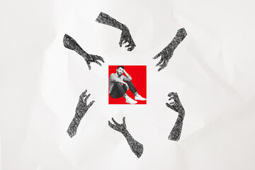 Photo abstract creative collage picture of young man depressed sitting cube surreal borders...