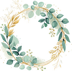Golden Watercolor Wreath with Greenery and Leaves