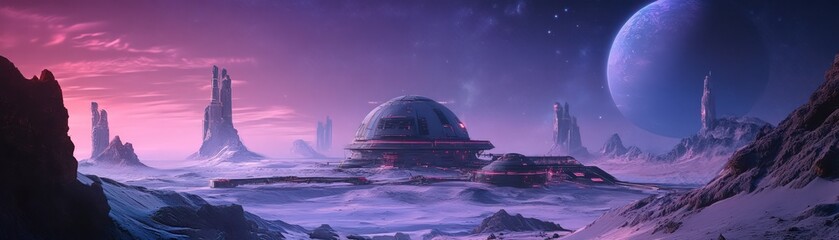 Futuristic research station on a distant planet with domes, rovers, and alien landscapes