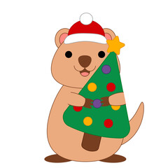 Cute Quokka with Christmas tree in colorquokka, Christmas, Holiday, Christmas tree, cute, tree, cartoon, celebration, santa, claus, kawaii, wallaby, qoukka, australia, kangaroo, animal, mammal, marsup