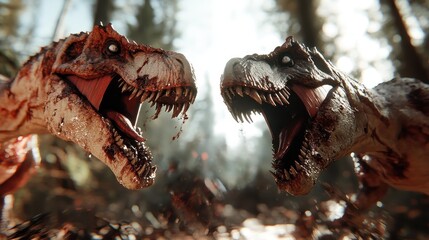 Two blood-spattered dinosaurs engage in a fierce confrontation, showcasing primal power in a battle...