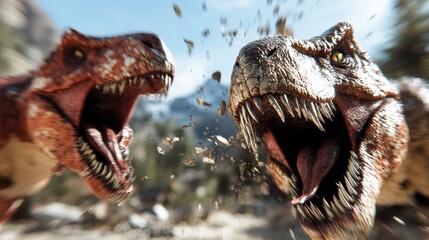 A dramatic close-up capturing the intense emotions of two dinosaurs fiercely engaged in conflict,...