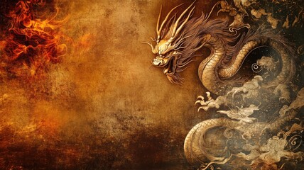 Mythical dragon artwork showcasing intricate details against a fiery background