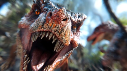 An intense and vivid image of a roaring dinosaur exhibiting its sharp teeth and primal instincts,...