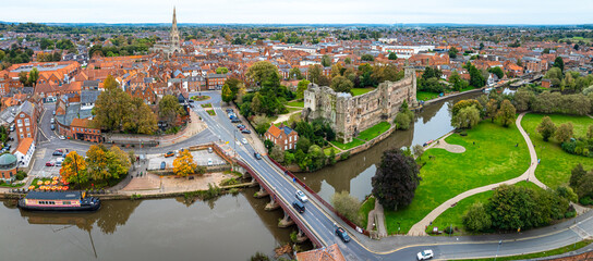 Aerial view of Newark-on-Trent, a market town and civil parish in the Newark and Sherwood district in Nottinghamshire, England © Alexey Fedorenko