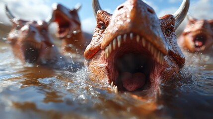 Fierce horned creatures aggressively emerge from water, showcasing their formidable presence and...