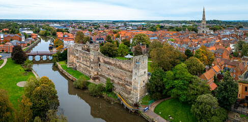Aerial view of Newark-on-Trent, a market town and civil parish in the Newark and Sherwood district in Nottinghamshire, England © Alexey Fedorenko