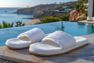 Cozy white hotel slippers placed neatly beside the bed in a welcoming guest room