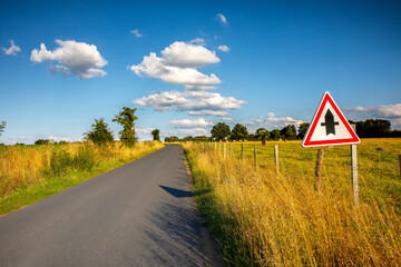 Belle route de campagne et panneau routier au milieu des champs sous le soleil bleu en été.
