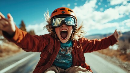 Child wearing a helmet and goggles bursts with excitement while riding downhill on a road, capturing the essence of youthful thrill and carefree adventure in lively colors.