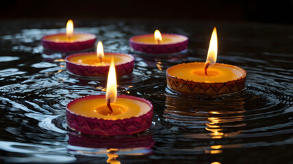 Floating Candlelight: Serene floating candles create a calming ambiance.  The gentle ripples in the dark water enhance the peaceful mood. Perfect for spa, wellness, or meditation themes. 