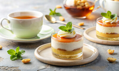 Sweet cream dessert with berries, mint leaves on a plate, cups of tea