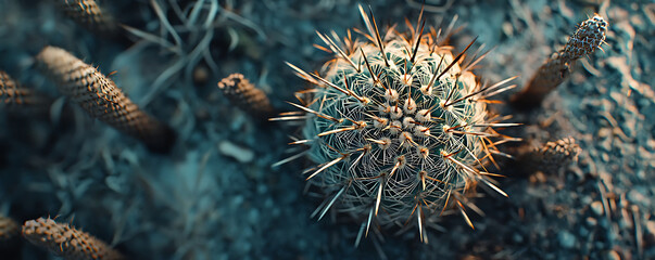 An overhead close-up view of a spherical cactus with intricate spiky details, showing the unique structure and sharp textures of the plant set against a desert landscape.