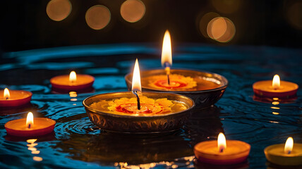 Floating Candles: A serene scene of flickering candles floating in a pool of water. The gentle glow and soft reflections create a sense of peace and tranquility.  