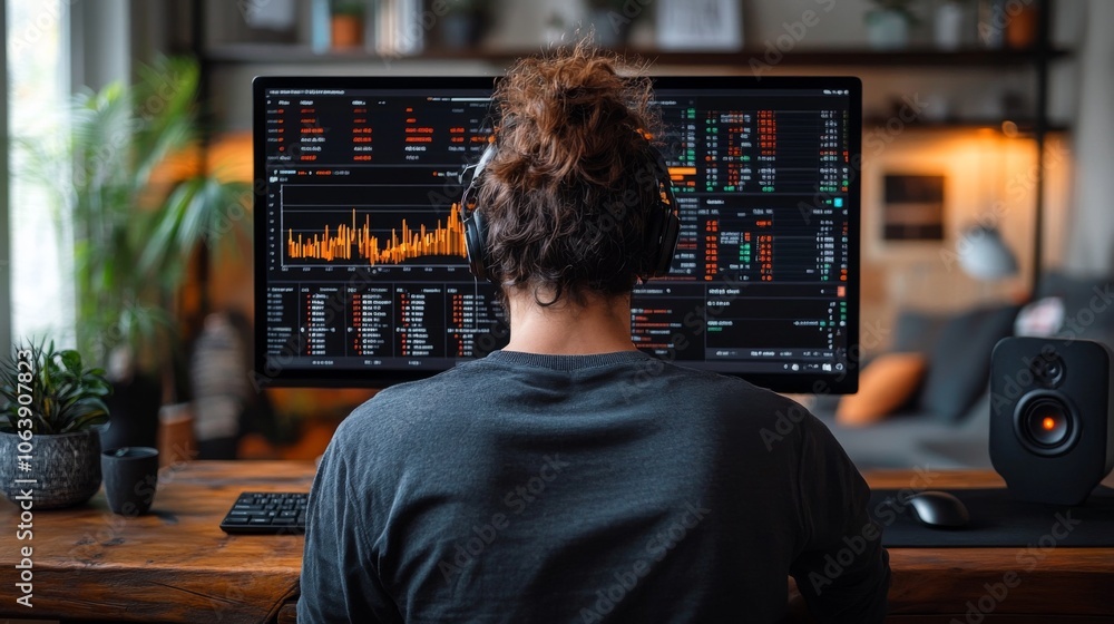 Poster A focused individual is immersed in analyzing market data on dual monitors in a well-lit indoor workspace. The cozy environment features greenery and modern decor.