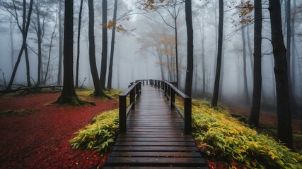 Obraz premium winter wooden pathway on a colorful forest with morning fog background