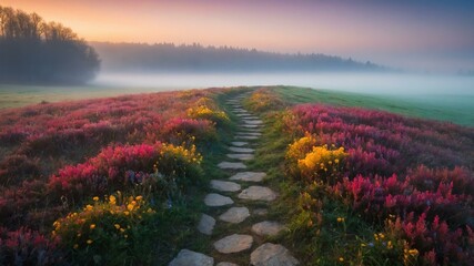 winter stony pathway on a colorful meadow with morning fog background