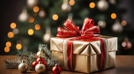 A beautifully wrapped golden gift box with a red ribbon and bow, resting on a wooden table with a blurred Christmas tree and warm lights in the background.