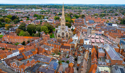 Aerial view of Newark-on-Trent, a market town and civil parish in the Newark and Sherwood district in Nottinghamshire, England © Alexey Fedorenko