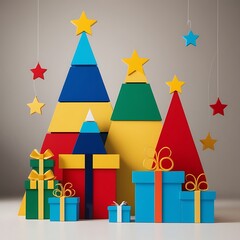 Obraz premium Abstract geometric shapes representing Christmas trees, stars, and gifts