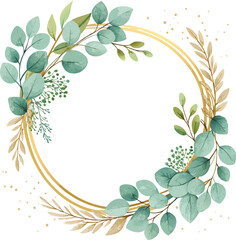 Fototapeta premium Elegant Watercolor Greenery Wreath with Gold Circle