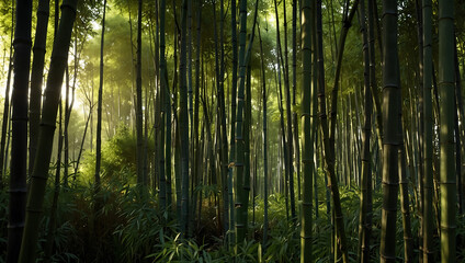 Obraz premium A dense bamboo forest, sunlight filtering through the trees. Green and shadowy.