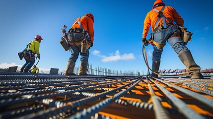 Construction workers using specialized tools to install new roofing panels, fall protection devices in place, working efficiently under a clear blue sky.