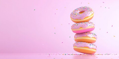 Vibrant stacked donuts with colorful frosting and sprinkles against a pastel background for playful desserts