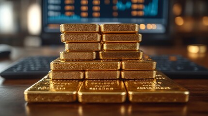 A collection of glistening gold bars is neatly arranged on a wooden table, with financial market data and graphs softly blurred in the background, indicating investment opportunities.