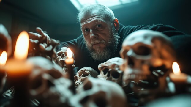 A bearded man is surrounded by an eerie collection of skulls lit by candlelight, conveying thoughts of history and mystery in a gothic, dramatic style.