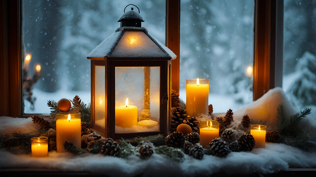christmas lantern and candle placed beside of window and a snow fall view.