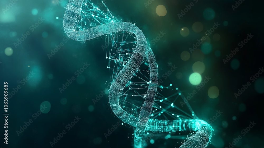 Aufkleber dna spiral created from glowing data particles. open space on the background
