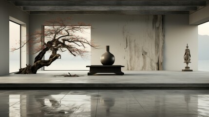Minimalist interior with a large tree, a ceramic vase, a statue, and a view of the sea