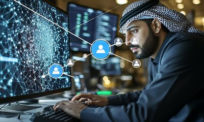 Man in Traditional Headwear Working on Computer with Network Visualization on Screen - Powered by Adobe