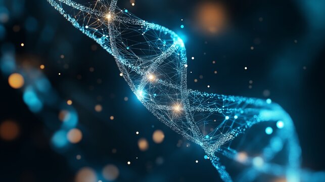 DNA spiral created from glowing data particles. Open space on the background