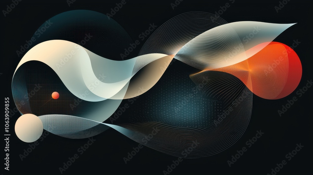 Poster abstract flowing shapes with gradient colors and circular elements on dark background, ai generation