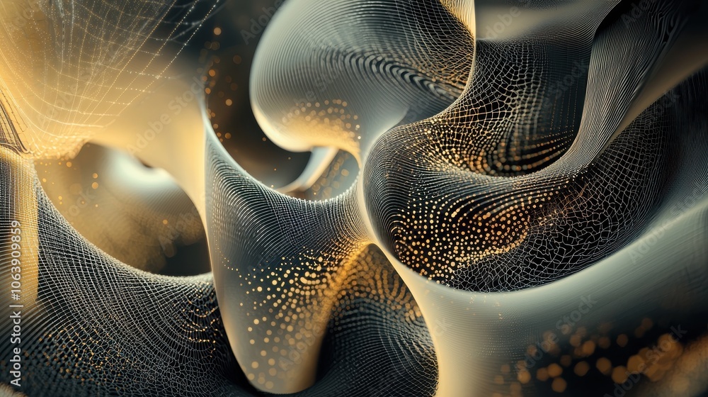 Poster abstract flowing mesh structure with gold particle accents, ai generation