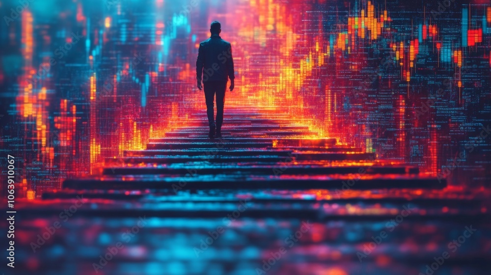 Leinwandbilder a solitary man strides along a glowing pathway, immersed in a digital landscape filled with vivid da
