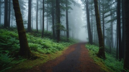 Obraz premium summer pathway on a strange forest with morning fog background