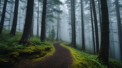 Fototapeta premium summer pathway on a strange forest with morning fog background
