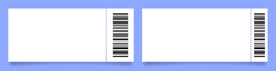 Large white ticket mockups with bar codes and shadows. Empty template. Concert, movie or theater ticket. Boarding blank, lottery, sale coupon
