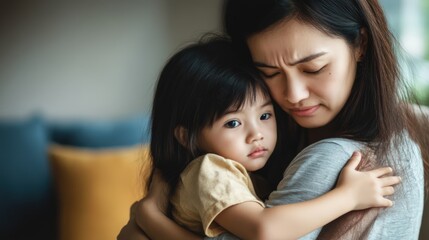 Middle-aged Asian woman comforting her child during a stressful moment. Offering emotional support and love at home.